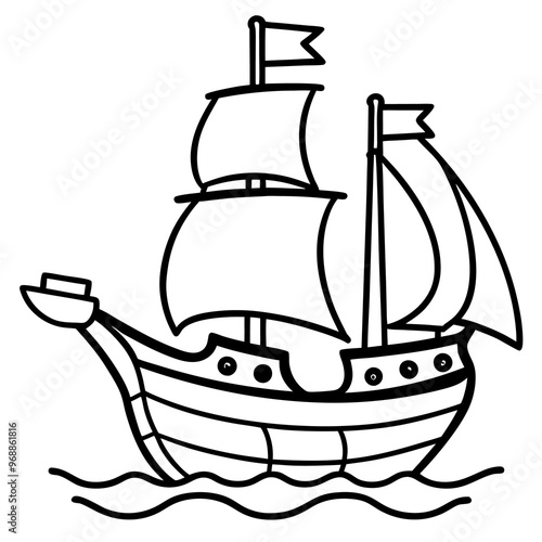 a pirate ship outline coloring book page line art drawing