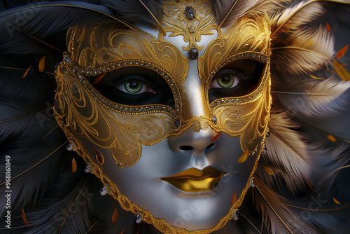 A captivating 3D illustration of a Venetian carnival mask, set against a festive background