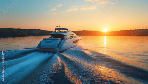 Fototapeta Naklejka Na Ścianę i Meble -  Luxury motor yacht moving fast on water at golden sunset