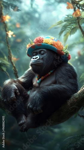 A gorilla with a colorful hat sitting on a high branch in a lush forest canopy.