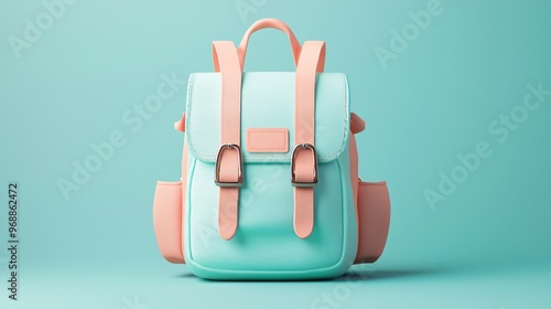 Turquoise and Coral Backpack on a Blue Background.