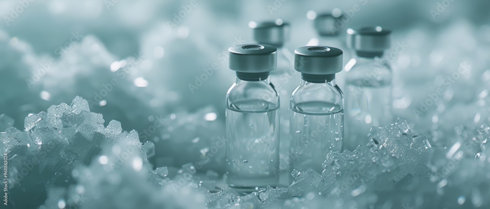 Several vials sitting in ice, reflecting a sterile, cool environment, likely representing medical or scientific research and preservation in a laboratory setting. Several vials sitting in ice, reflecting a sterile, cool environment, likely representing medical or scientific research and preservation in a laboratory setting.