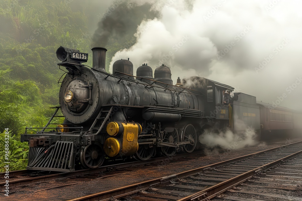 Naklejka premium Photorealistic side view of a vintage steam locomotive