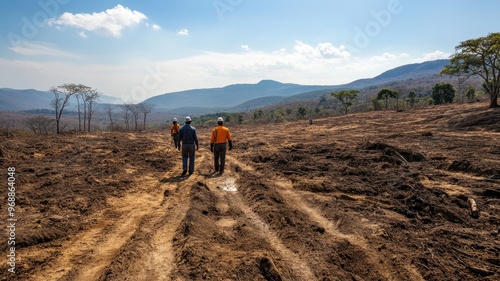 Workers Walking Through Deforested Area with Mountains in the Background on a Clear Day