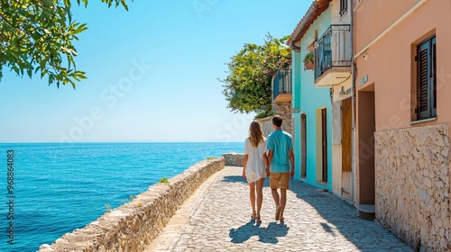 Fototapeta Naklejka Na Ścianę i Meble -  Couple walking on a sunny seaside street.