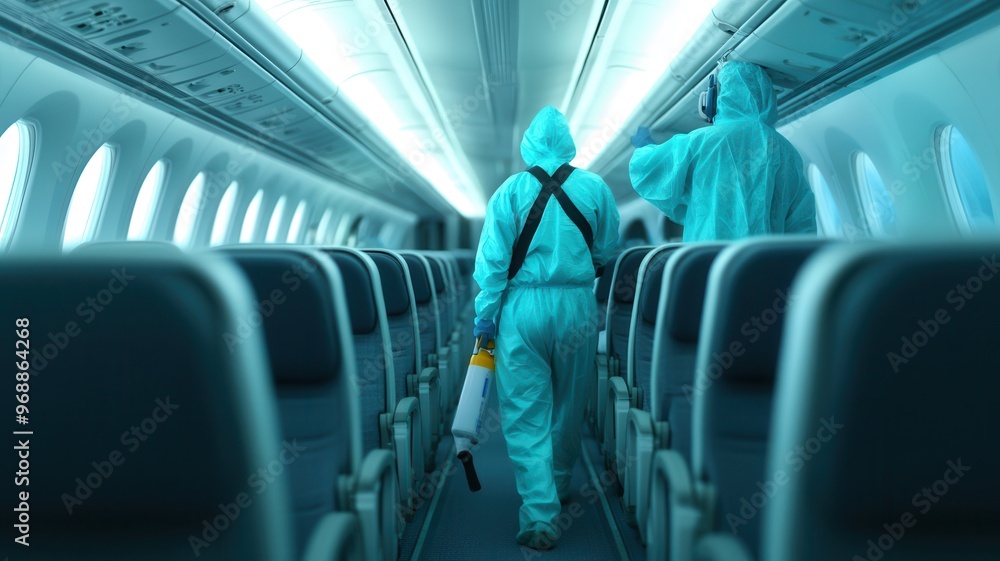 Obraz premium Cleaning crew in protective suits sanitizing an empty airplane cabin to ensure passenger safety and health.
