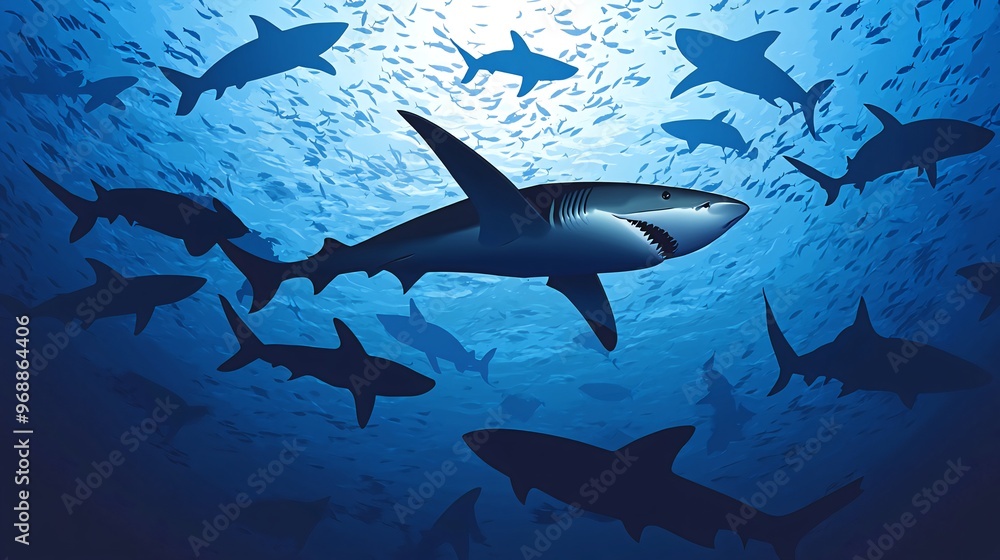 Obraz premium A school of sharks swimming through a deep blue ocean, with sunlight filtering through the water above.