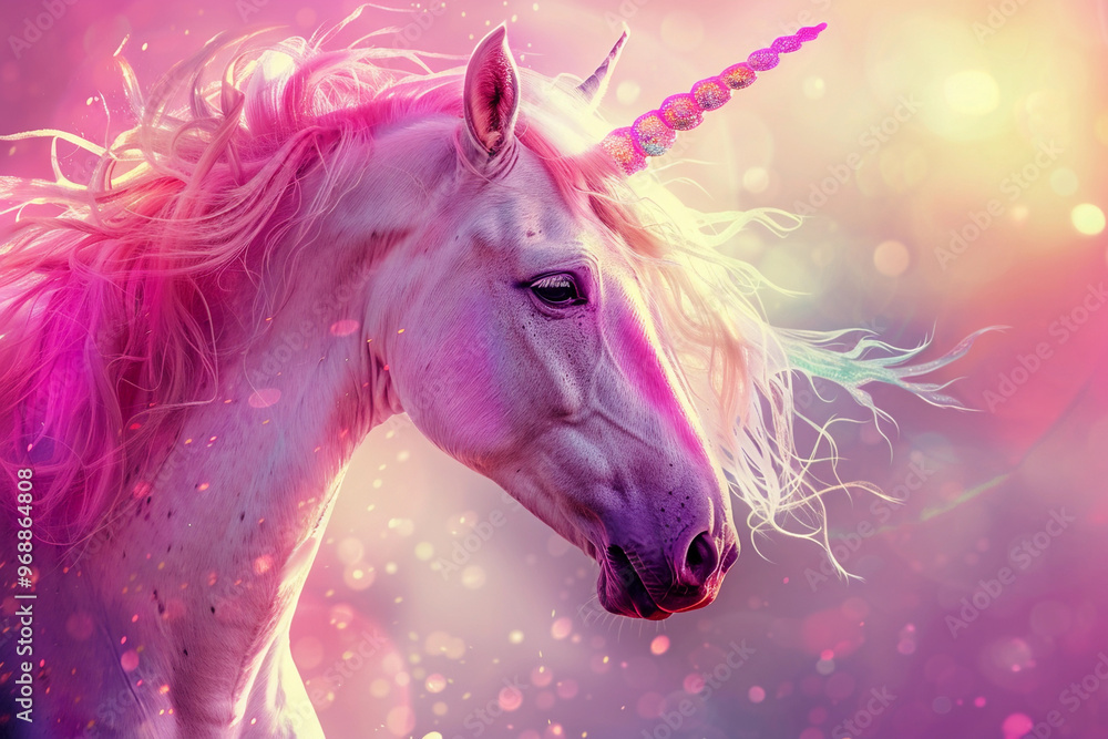 Naklejka premium Fantastically beautiful mythological pink unicorn with long horn
