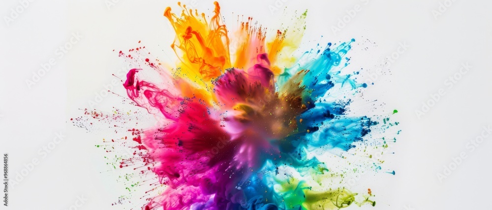 An abstract explosion of vibrant colors, featuring reds, blues, greens, and yellows, splashing outward in dynamic motion against a white backdrop. An abstract explosion of vibrant colors, featuring reds, blues, greens, and yellows, splashing outward in dynamic motion against a white backdrop.