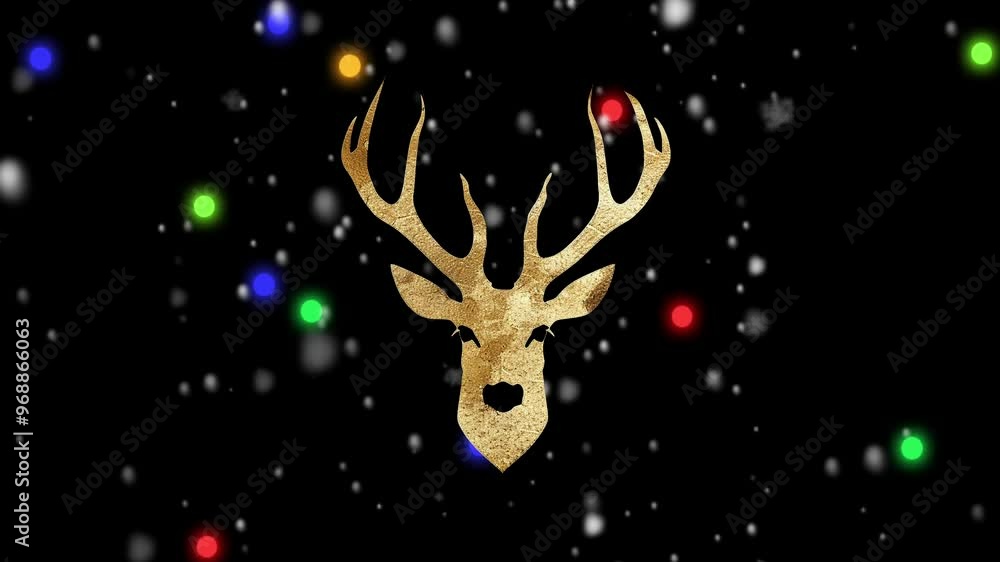 A Gold Texture Reindeer Head Isolated on a Black Background With Falling Snowflakes and Colorful Christmas Dots A Gold Texture Reindeer Head Isolated on a Black Background With Falling Snowflakes and Colorful Christmas Dots