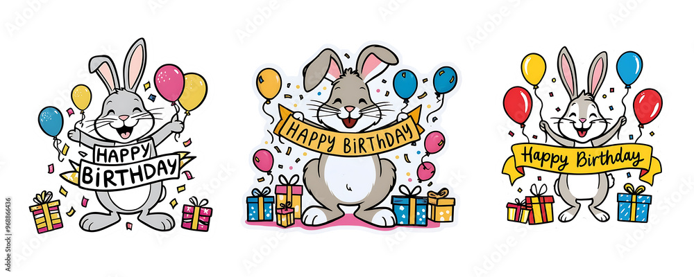 set of happy birthday banner with happy cute bunny on transparent background set of happy birthday banner with happy cute bunny on transparent background