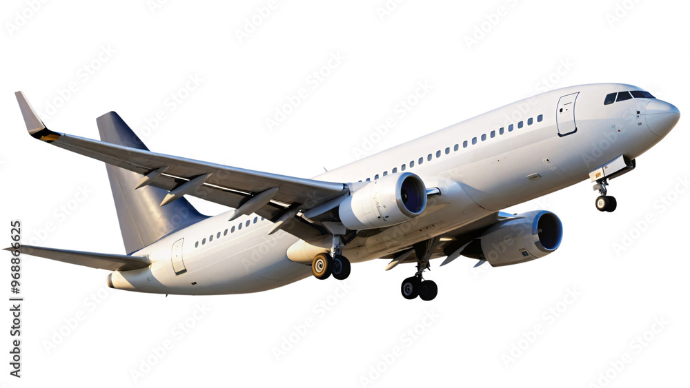 Obraz premium A modern passenger airplane in flight with its landing gear deployed, flying at an angle, against on a transparent background