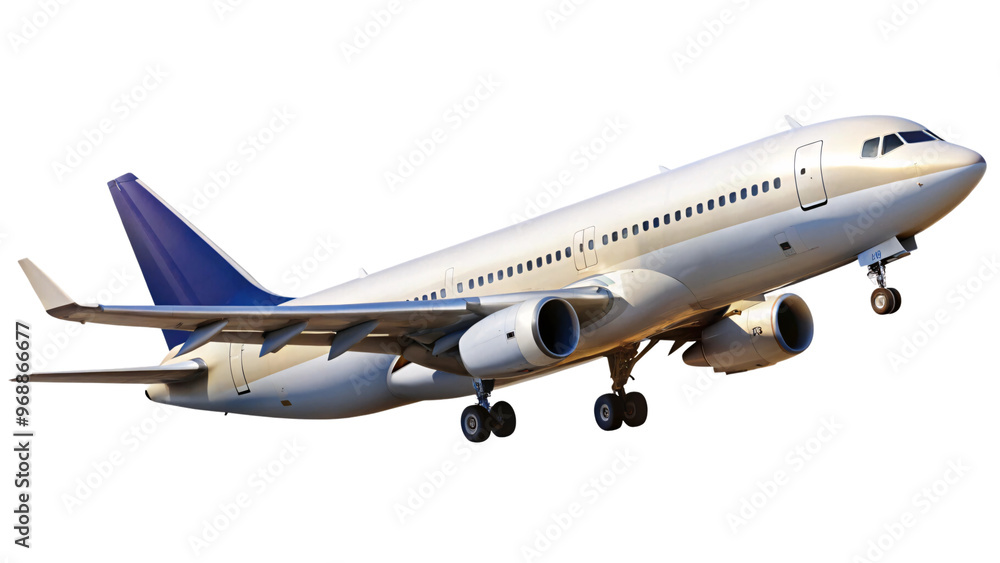 Obraz premium A realistic commercial airplane in full color, with visible landing gear, engines, and blue tail fins, flying against a transparent background