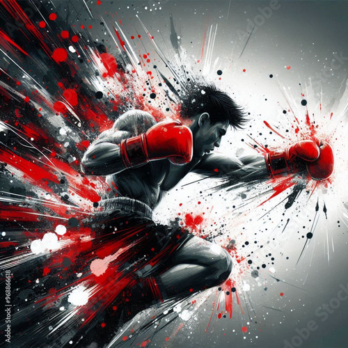 Powerful boxer in action with explosive dynamic art splashes

