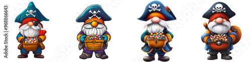 Colorful pirate gnomes with treasures and playful designs, perfect for children's themes and whimsical decor.