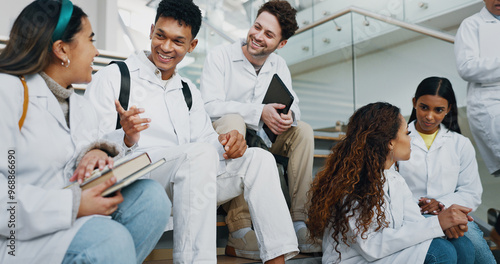 Fotografie Happy people, students or medical interns with group for healthcare scholarship at med school
