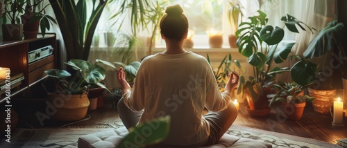 A person meditating amidst an abundance of indoor plants and candles, creating a serene and tranquil atmosphere.