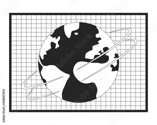Spinning Earth planet grid black and white 2D line object. World rotation against mesh isolated clip art vector outline item. News global communications. Sphere globe. Monochromatic spot illustration