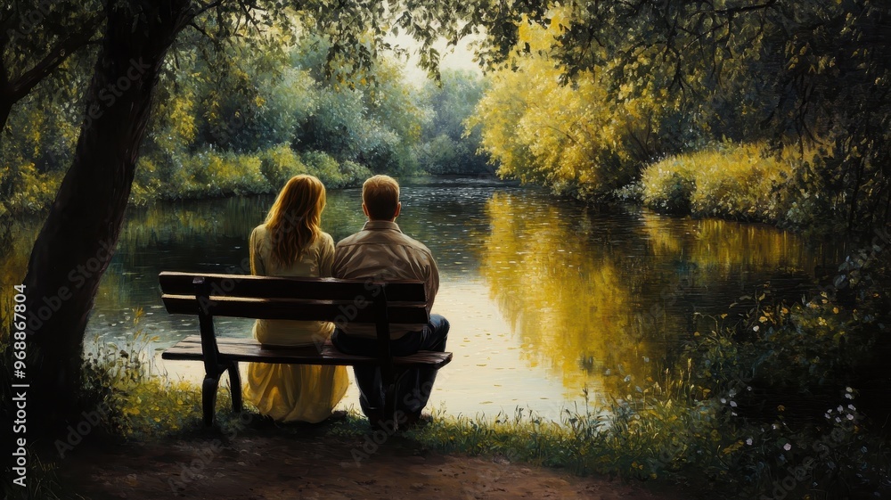 Romantic Couple Sitting on a Park Bench by a Serene Lake in a Lush Green Forest at Sunset Romantic Couple Sitting on a Park Bench by a Serene Lake in a Lush Green Forest at Sunset