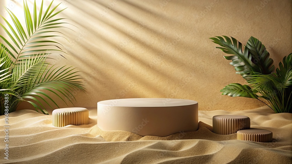 Natural beauty themed pedestal on sandy background in earth tones, promoting relaxation and wellbeing Natural beauty themed pedestal on sandy background in earth tones, promoting relaxation and wellbeing