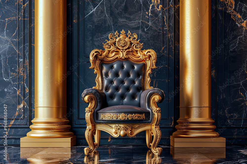 Fantastically beautiful throne of power of king or queen in throne room for coronation Fantastically beautiful throne of power of king or queen in throne room for coronation