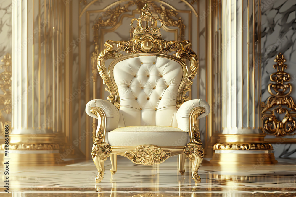 Fantastically beautiful throne of power of king or queen in throne room for coronation Fantastically beautiful throne of power of king or queen in throne room for coronation
