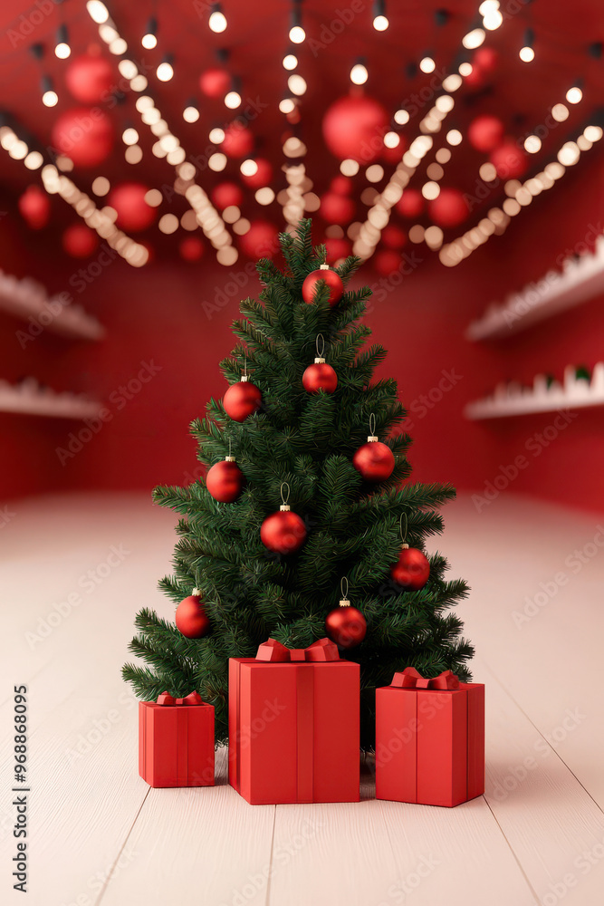 Holiday shopping scene with Black Friday discounts, Christmas tree, 3D illustration Holiday shopping scene with Black Friday discounts, Christmas tree, 3D illustration