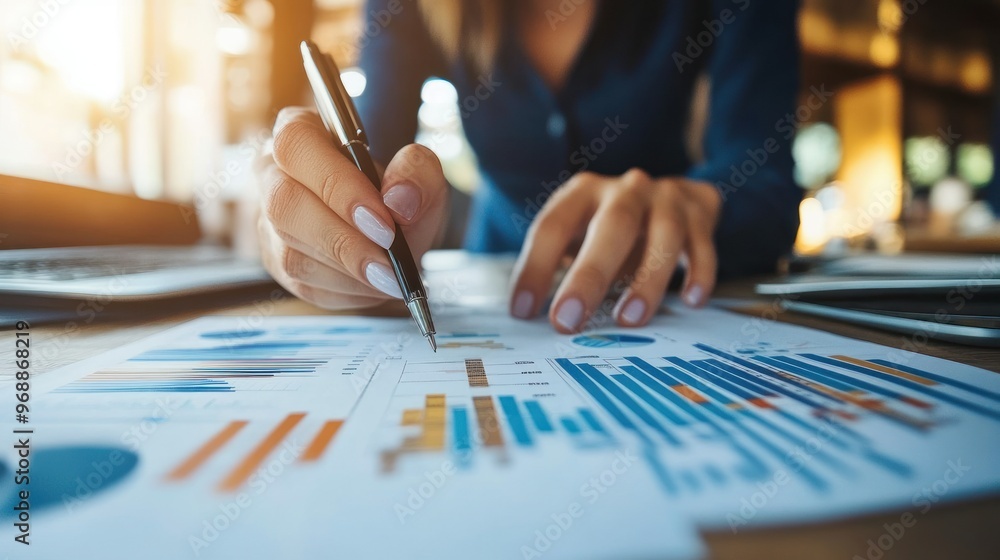Close-up of a Hand Holding a Pen Over Financial Charts Close-up of a Hand Holding a Pen Over Financial Charts