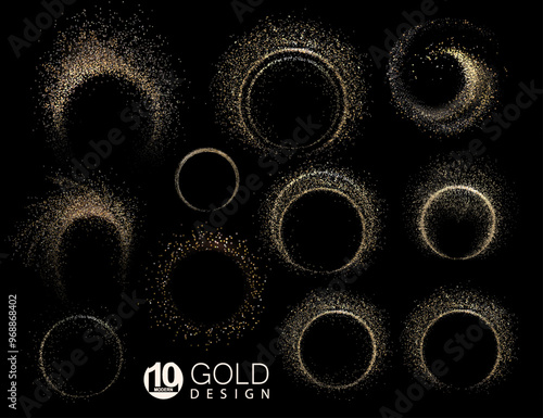 Set of isolated golden round frames with shiny small tinsel on black design.