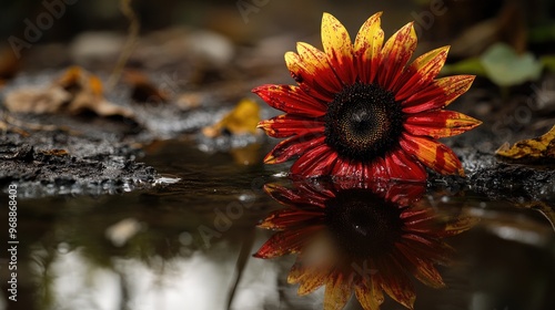 A sunflower, stained with blood, reflected in the ground's water, showing the duality of resilience and suffering in the struggle to persevere photo