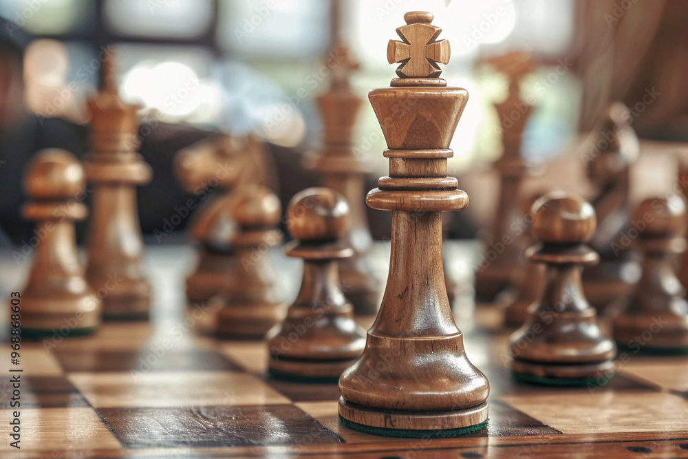 Beautiful chess piece standing on checkered game board during strategic game of chess Beautiful chess piece standing on checkered game board during strategic game of chess