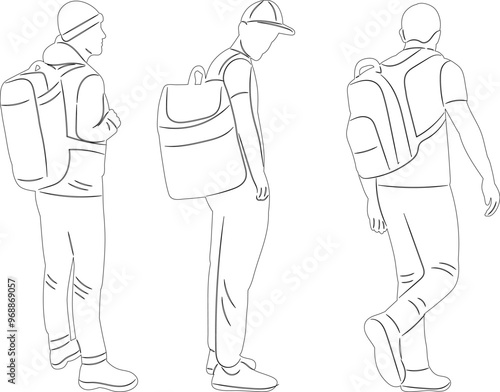 sketch of men with backpacks walking on white background vector