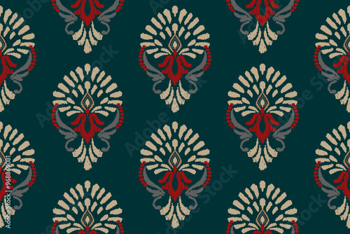 Ikat floral embroidery on blue background. Traditional oriental ethnic pattern of Ikat. Abstract vector illustration in Aztec style. Design for texture, fabric, clothing, wrapping.