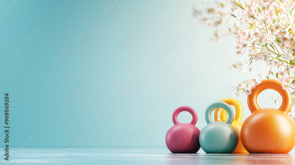 Colorful kettlebells arranged neatly with flowers in the background, perfect for fitness and wellness themes. Colorful kettlebells arranged neatly with flowers in the background, perfect for fitness and wellness themes.