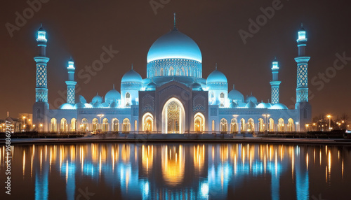 Hazrat sultan mosque reflecting in water at night astana kazakhstan photo