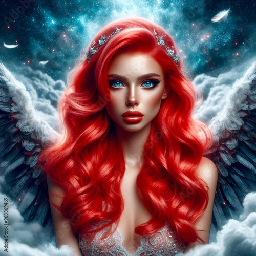 Angel with red hair and gray wings photo