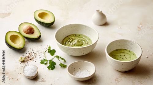 Top view of avocado oil in a bowl on a white surface, surrounded by sliced avocados, a drizzling spoon, and sea salt, highlighting its vibrant green color and natural appeal.