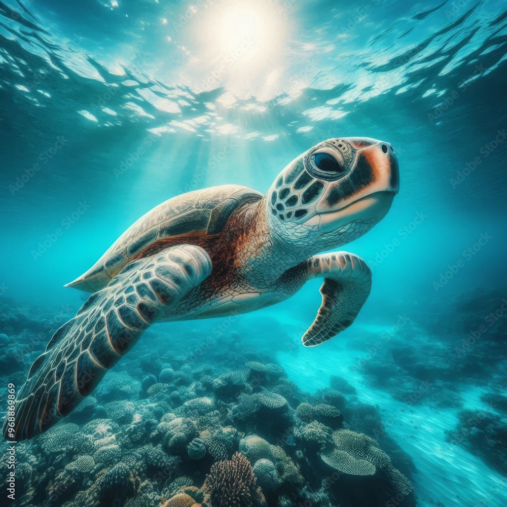 Fototapeta premium Sea Turtle’s Journey Through the Deep