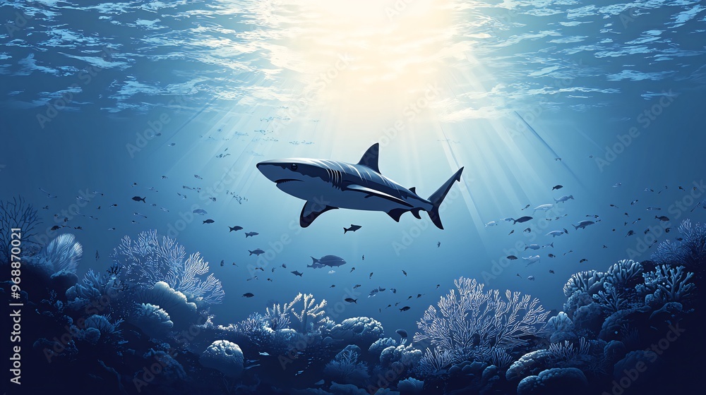 Fototapeta premium A shark swims through a coral reef in the ocean, with sunlight shining down from above.