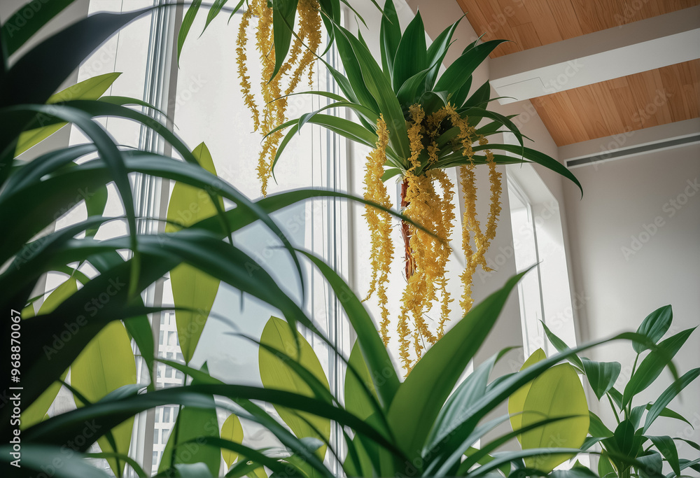 Green leaves of house plants in pots near a large bright window. Cozy interior with lots of plants and greenery. Green leaves of house plants in pots near a large bright window. Cozy interior with lots of plants and greenery.