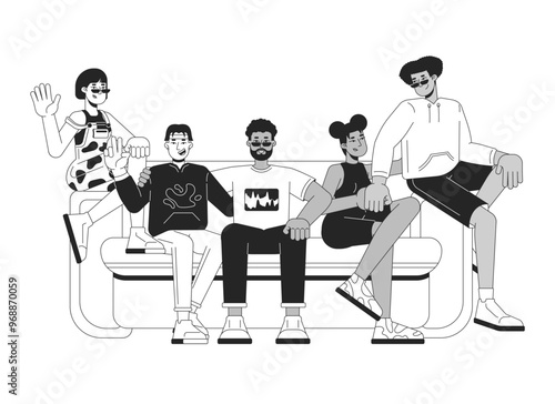 Best friends group sitting on couch black and white 2D line characters. Multicultural young adults isolated vector outline people. Friendship women men roommates. Monochromatic spot illustration