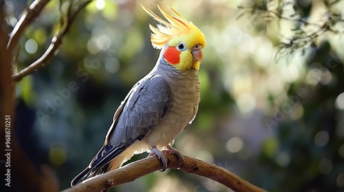 A cockatiel with a yellow and orange crest perched on a tree branch in natural light