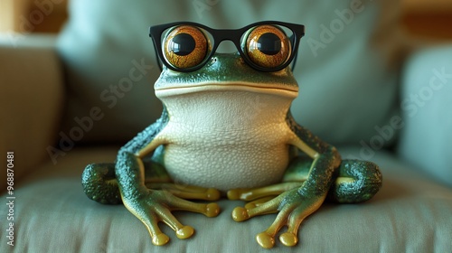 frog with glasses sitting on the sofa photo