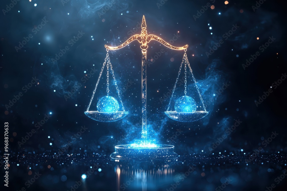 Glowing scales of justice symbol in cosmic space background Glowing scales of justice symbol in cosmic space background