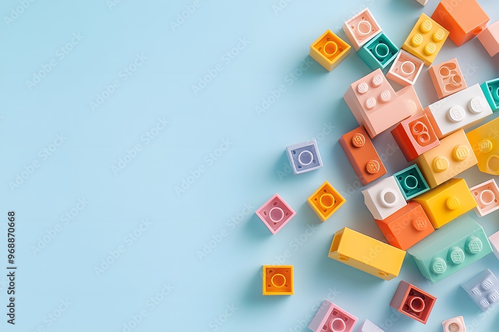 Colorful building blocks scattered on a light blue background, ideal for children's creativity and playtime concepts. Colorful building blocks scattered on a light blue background, ideal for children's creativity and playtime concepts.