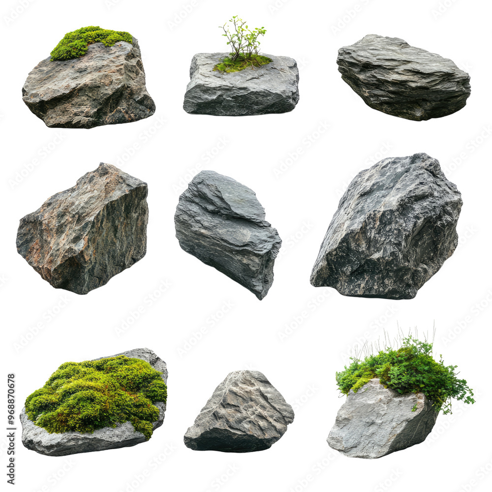 various realistic natural rock with green moss around isolated on transparent background. various realistic natural rock with green moss around isolated on transparent background.