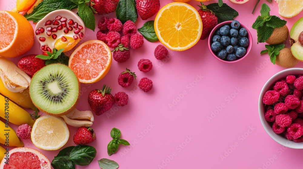 Vibrant assortment of fresh fruits arranged on a pink background, showcasing colors and textures. Perfect for healthy lifestyle themes. Vibrant assortment of fresh fruits arranged on a pink background, showcasing colors and textures. Perfect for healthy lifestyle themes.