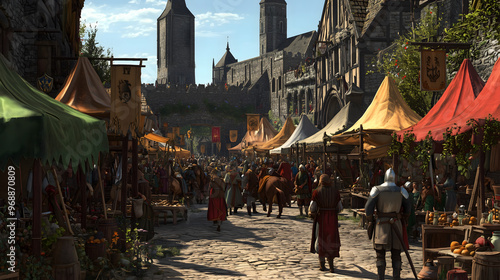 A bustling medieval market square – Filled with merchants selling goods, peasants bargaining, knights on horseback, artisans crafting tools, cathedral