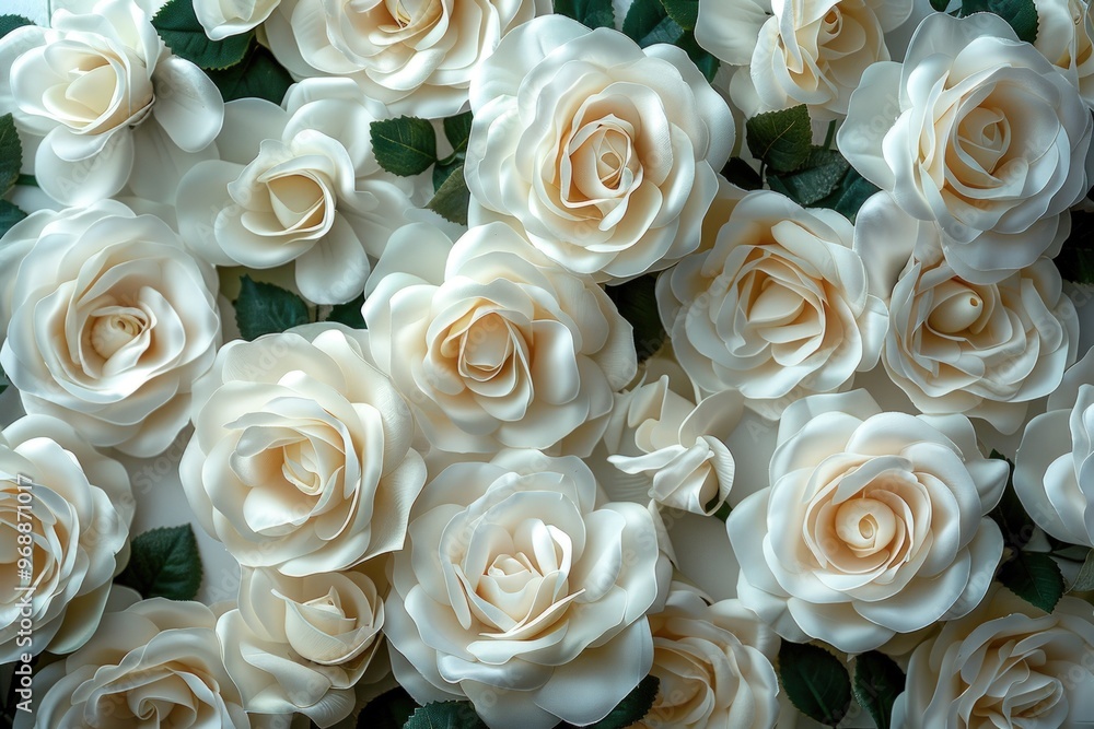 White roses background, close-up of delicate white roses with green leaves. White roses background, close-up of delicate white roses with green leaves.