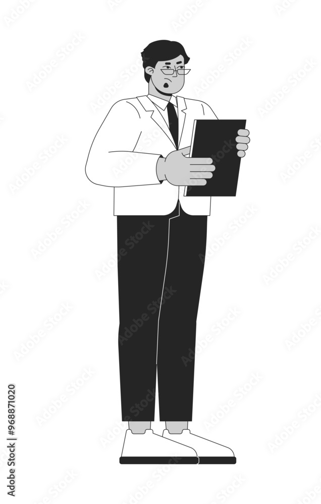 Tensed male tv show host holding clipboard black and white 2D line character. Eyeglasses arab man suit isolated vector outline person. Businessman corporate manager. Monochromatic spot illustration Tensed male tv show host holding clipboard black and white 2D line character. Eyeglasses arab man suit isolated vector outline person. Businessman corporate manager. Monochromatic spot illustration